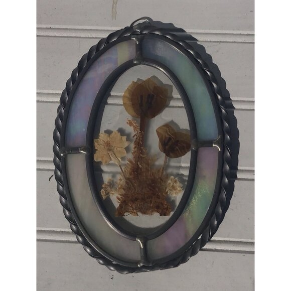 Vtg Stained Glass Pewter Frame Dried Flowers Floral Wall Hanging Sun Catcher Art - Picture 10 of 11
